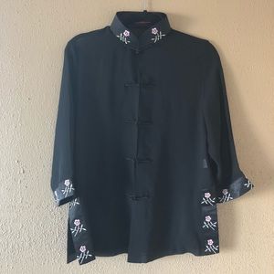 Sheer Black Top with Embroidered Flowers Size XL